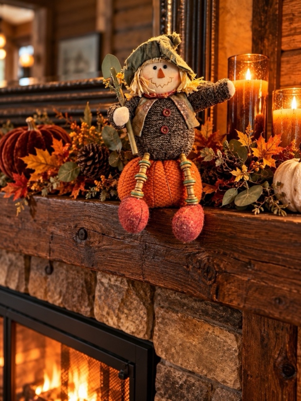 Autumn Harvest Sitting Scarecrow Pumpkin Decor - Orange & Green